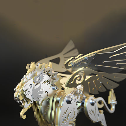A close-up view of a steam punk mech winged lion, showing intricate metallic textures and gears from a 3D puzzle metal kit, premium metal model on tablefunny.com.