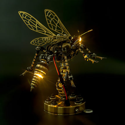 Detailed back view of steam punk mech wasp showing gears and wires, premium steampunk puzzle metal model.