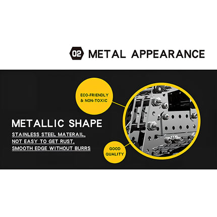 Metal appearance overview highlighting stainless steel material, rust resistance, and smooth burr-free edges for a skid-steer loader metal model, built from 3D puzzle Metal Kits as an awesome steampunk puzzle steam punk mech.