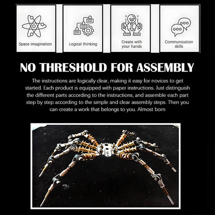  A multi-panel image showing a finished metal centipede model worn as a bracelet, along with close-up details of its intricate design and individual metal components. This DIY 3d puzzle metal model showcases fine craftsmanship.
