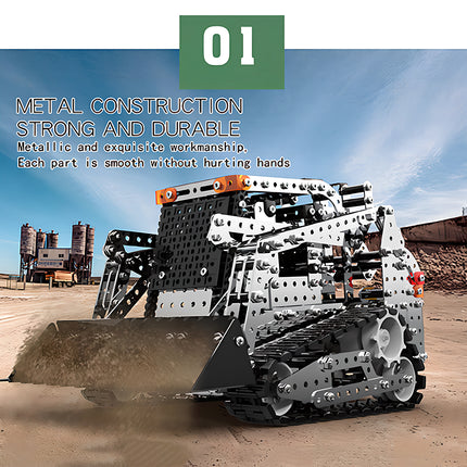 A metal construction skid-steer loader metal model showcasing strong and durable metal construction, built from 3D puzzle Metal Kits as an awesome steampunk puzzle steam punk mech.