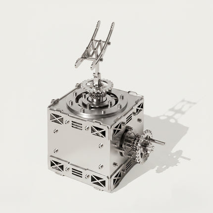 Standalone metal display base featuring precision gear mechanics and mounting bracket for 3D puzzle metal kits.
