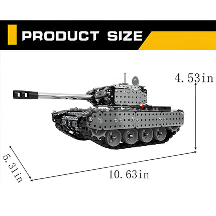Product dimensions and size specification of the Tablefunny metal model steampunk puzzle tank, measuring 10.63 by 5.31 by 4.53 inches.