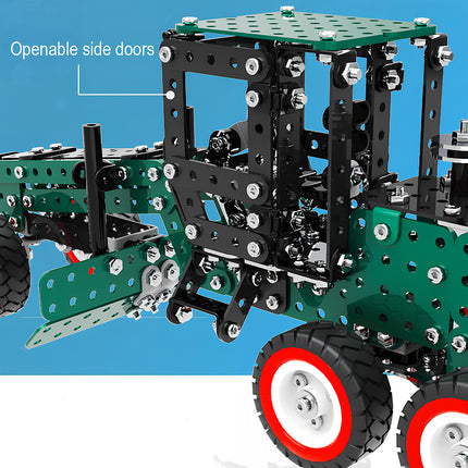 An infographic showing the openable side doors of a green and black metal motor grader model kit.