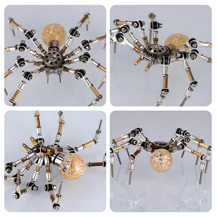  A four-panel image displaying a completed metal spider 3d puzzle from various angles, highlighting its intricate metal model construction and unique body design. Perfect for a funny table centerpiece.