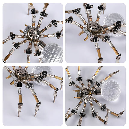 A four-panel image showcasing a finely detailed metal spider 3d puzzle, with a golf ball-like body, viewed from different angles. This DIY metal model highlights the intricate joints and metallic finish, making it a unique funny table ornament.
