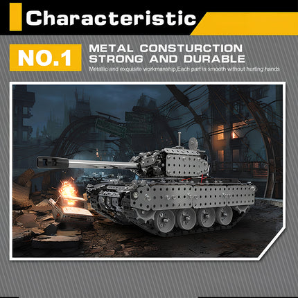 A strong and durable metal construction tank model featured in a battle scene, built from 3D puzzle Metal Kits as an awesome steampunk puzzle steam punk mech.