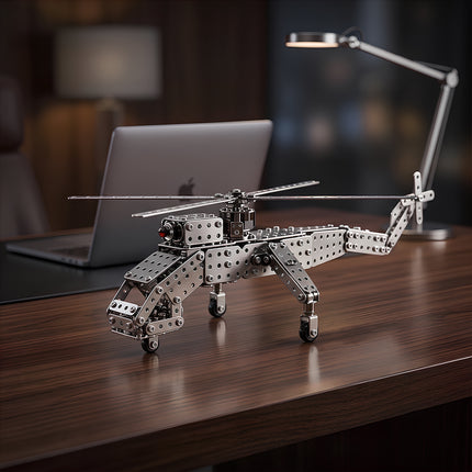 Detailed 3D metallic mechanical helicopter model puzzle as a premium office desk ornament and gift for aviation enthusiasts.