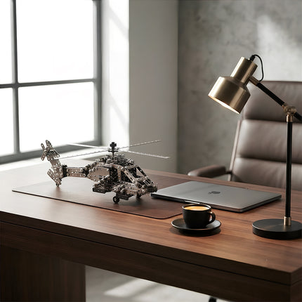 Premium metallic aircraft helicopter model puzzle serving as a stylish desk ornament for executive offices and aviation fans.