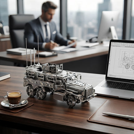 Metallic armored military truck 3D puzzle model serving as a tactical mechanical desk ornament for executive offices.