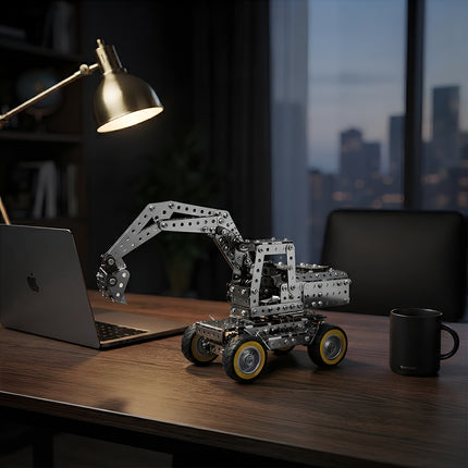 Intricate 3D metallic mechanical excavator construction vehicle puzzle as a sophisticated desk decor gift for men and engineers.