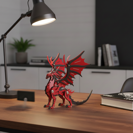 Stylish red and black metallic mechanical dragon puzzle sculpture displayed as modern home office desk artwork.