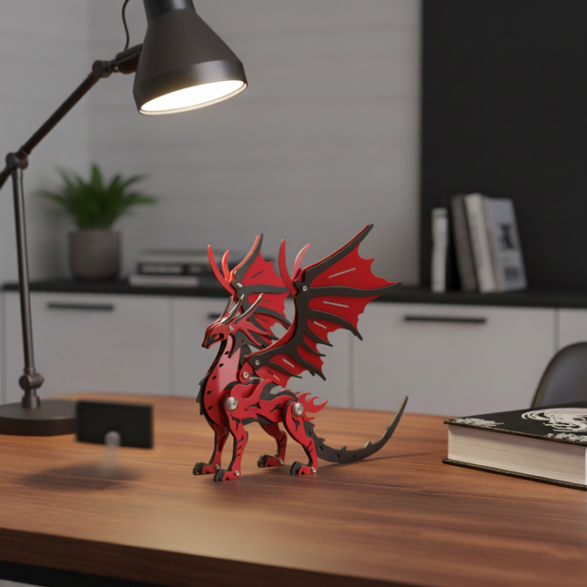Stylish red and black metallic mechanical dragon puzzle sculpture displayed as modern home office desk artwork.