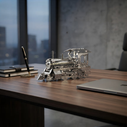 Intricate metallic steam train puzzle model serving as a stylish industrial desk ornament for executive workspaces and gifts.