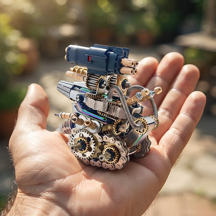 A detailed miniature 3D metal mechanical tank turret model kit held in the palm of an open hand under natural light.