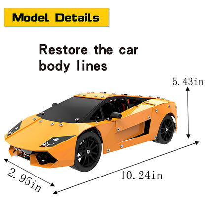 Model details and dimensions of an orange sports car metal model, built from 3D puzzle Metal Kits as an awesome steampunk puzzle steam punk mech vehicle.