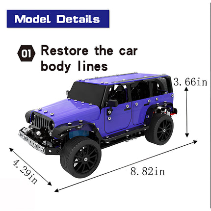 Model details showing how to restore the car body lines with dimensions of 8.82 by 4.29 by 3.66 inches for a purple off-road SUV metal model, built from 3D puzzle Metal Kits as an awesome steampunk puzzle steam punk mech.