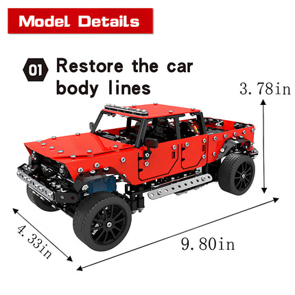 Model details showing how to restore the car body lines with dimensions of 9.80 by 4.33 by 3.78 inches for a red pickup truck metal model, built from 3D puzzle Metal Kits as an awesome steampunk puzzle steam punk mech.