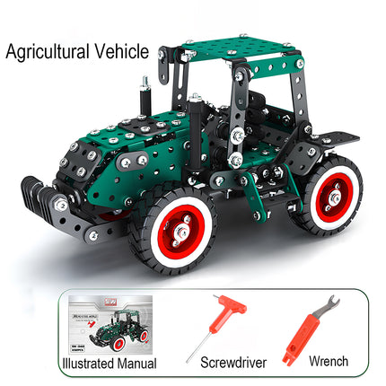 An infographic of a modern sloped-front green agricultural vehicle metal model kit, displaying included assembly tools at the bottom: an illustrated manual, a screwdriver, and a wrench.