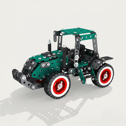 A 3D render of a completed green mechanical tractor metal model kit with a modern sloped front hood, featuring red and white wheels on a clean light gray background.