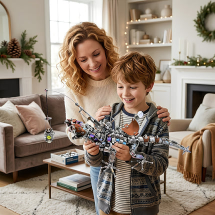 A mother and her son enjoying a creative DIY session with a mechanical lizard metal model, an engaging 3D puzzle from Funny Table metal kits.