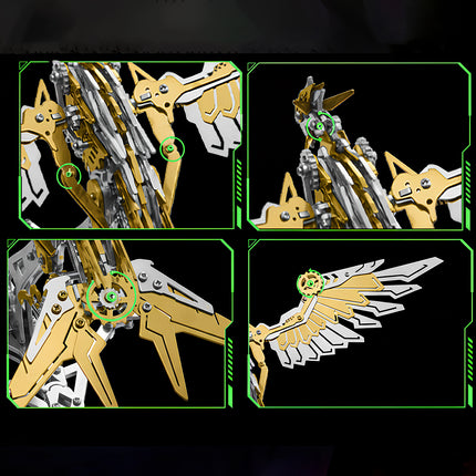 Close-up of the gear mechanism and wing structure of a steampunk puzzle bird, a sophisticated mechanical steampunk engineering project.