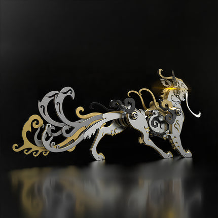 Mechanical steampunk Luwu model featuring nine tails, a DIY metal model kit of a Chinese mythical beast.