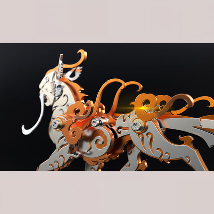 Orange and copper steam punk mech Luwu mythical tiger, a premium DIY metal model featuring auspicious cloud details.