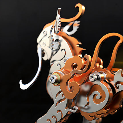 Close-up view of mechanical steampunk Luwu tiger god, showcasing the intricate details of 3D puzzle metal kits.