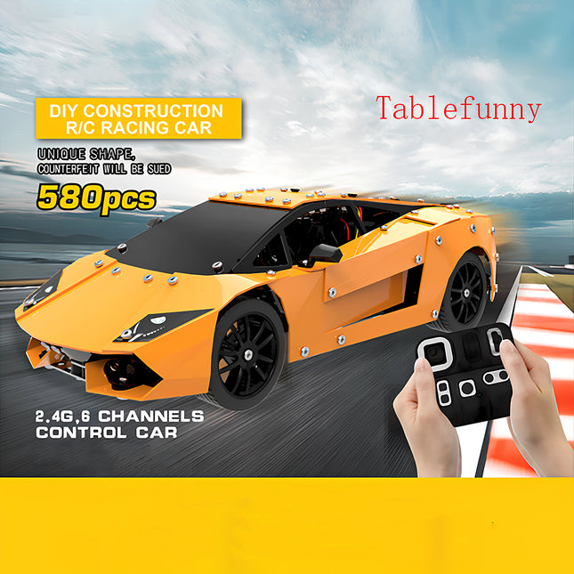 DIY construction R/C racing car featuring 580 pieces and 2.4G 6 channels control set against a track background with Tablefunny branding, built from 3D puzzle Metal Kits as an awesome steampunk puzzle steam punk mech and metal model.