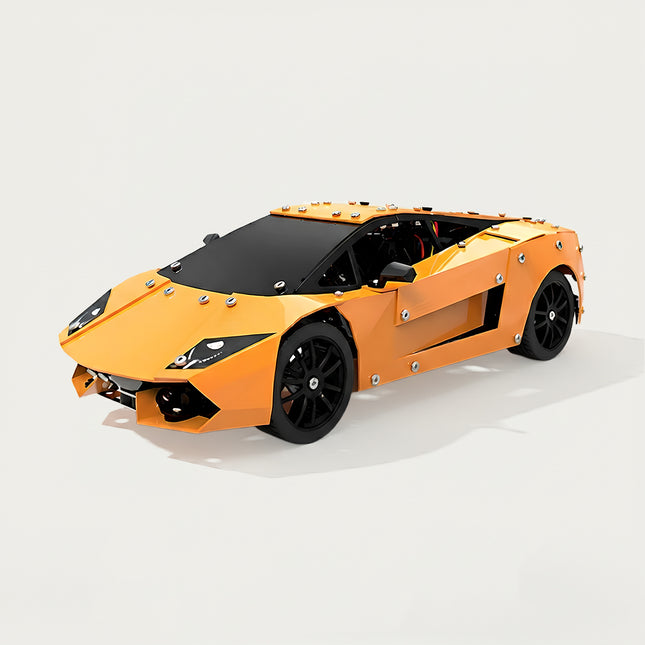 A clean product shot of an orange sports car metal model on a plain background, built from 3D puzzle Metal Kits as an awesome steampunk puzzle steam punk mech.