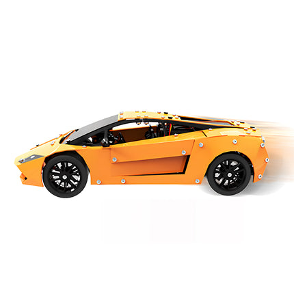 A dynamic motion side profile shot of an orange sports car metal model, built from 3D puzzle Metal Kits as an awesome steampunk puzzle steam punk mech.