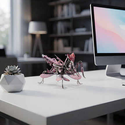 A completed pink 3D metal mechanical praying mantis model sitting gracefully on a modern white office desk next to a monitor and potted plant.