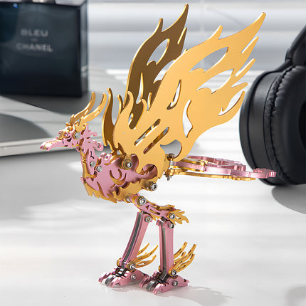 An assembled pink and gold Bi Fang bird metal model, a one-legged Chinese mythical beast from ancient mythology, designed as a mechanical 3D puzzle.