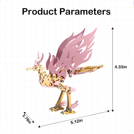Product dimensions diagram for the pink and gold mechanical phoenix 3D puzzle metal kit showing height of 4.33 inches, length of 5.12 inches, and width of 2.76 inches.