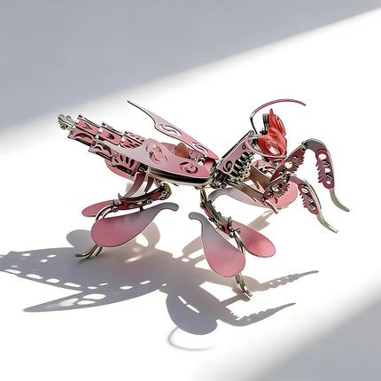Elegant pink praying mantis 3D puzzle Metal Kits, a DIY metal model with intricate mechanical steampunk joints for desktop decor.