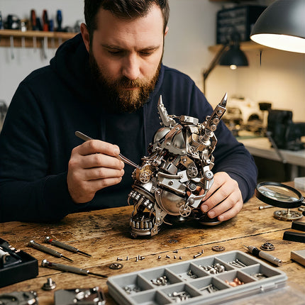 Precision assembly process of a complex 3D metal mechanical horned beast skull puzzle with fine tools and screws on a wooden workbench.