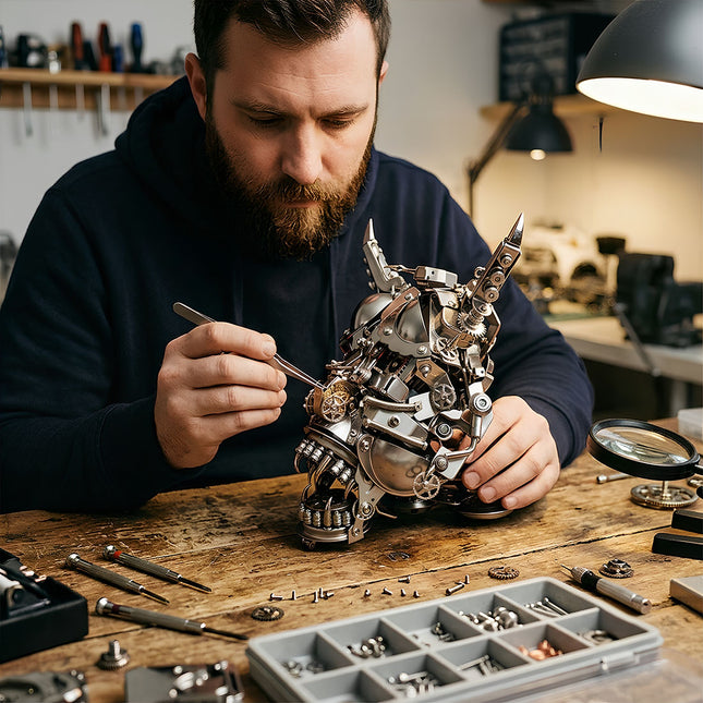 Precision assembly process of a complex 3D metal mechanical horned beast skull puzzle with fine tools and screws on a wooden workbench.