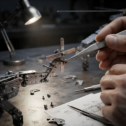 Detailed craftsmanship view of building a complex 3D metallic helicopter mechanical puzzle with precision tools and instructions.