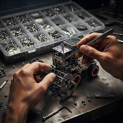 Precision hands-on craftsmanship building a metallic 3D harvester model using tweezers, screwdrivers, and 946 mechanical pieces.