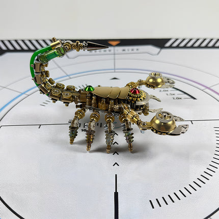 Completed steampunk puzzle scorpion with green venom vial, an intricate 3D puzzle Metal Kit for advanced collectors.