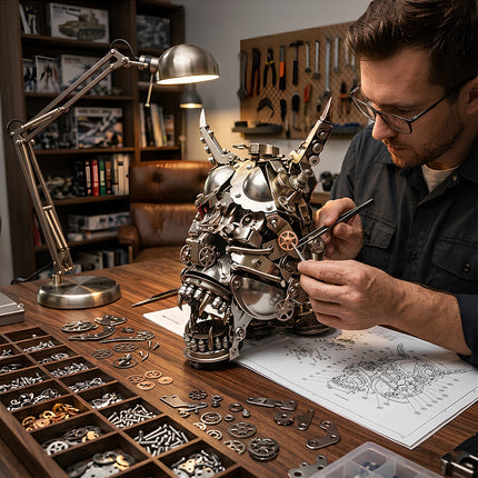 An expert workspace for metal kits assembly, featuring a man building a steampunk creature head 3D puzzle, a perfect DIY metal model project for a funny table.