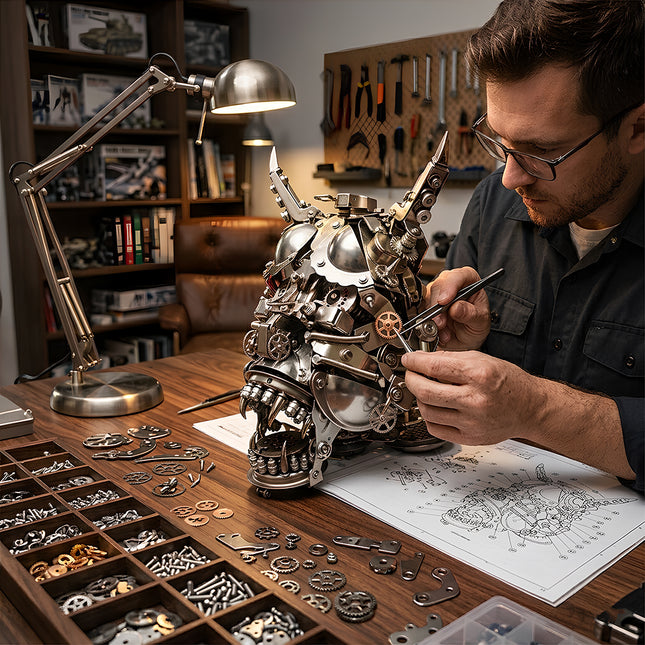 An expert workspace for metal kits assembly, featuring a man building a steampunk creature head 3D puzzle, a perfect DIY metal model project for a funny table.