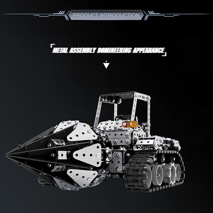 A product introduction image featuring a domineering mechanical drill metal model, built from 3D puzzle Metal Kits as an awesome steampunk puzzle steam punk mech.
