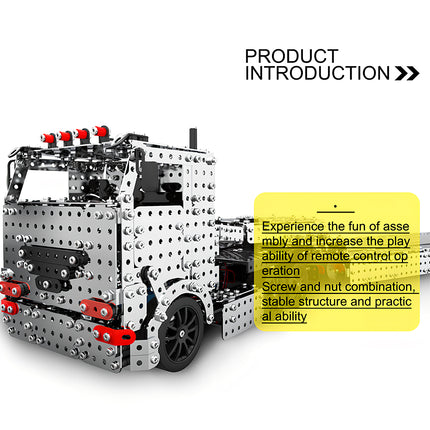 A product introduction image of a semi-trailer truck metal model, built from 3D puzzle Metal Kits as an educational steampunk puzzle steam punk mech vehicle.