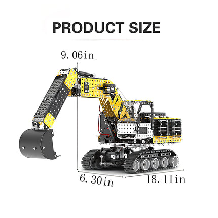 Product size dimensions of the excavator metal model showing length, width, and height specs, built from 3D puzzle Metal Kits as an awesome steampunk puzzle steam punk mech.