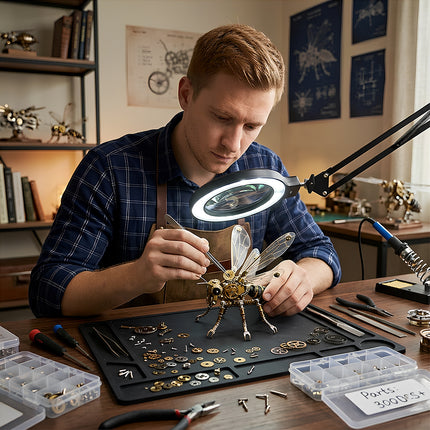Immersive steampunk puzzle experience for adults, building a detailed mechanical steampunk insect with professional assembly tools.
