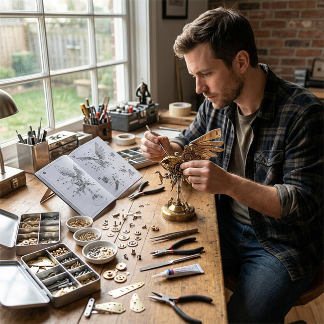 A serious hobbyist working in his home studio, building an intricate gold eagle metal model, an advanced DIY 3D puzzle experience from Funny Table metal kits.