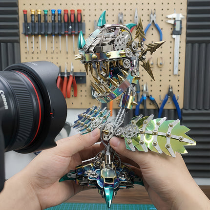 Holding a finished 3D puzzle Metal Kits project, showcasing the large scale and intricate textures of this metal model masterpiece.
