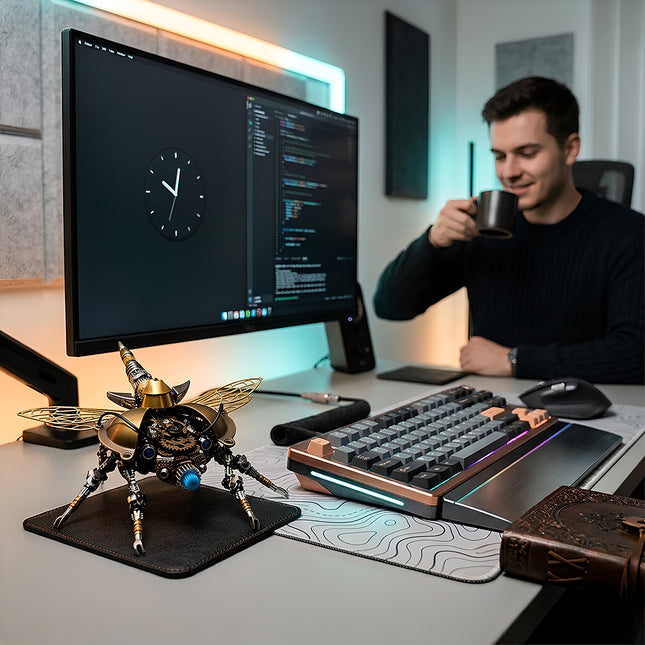 Impressive steam punk mech beetle displayed next to a mechanical keyboard, a rewarding 3D puzzle Metal Kits project for tech enthusiasts.